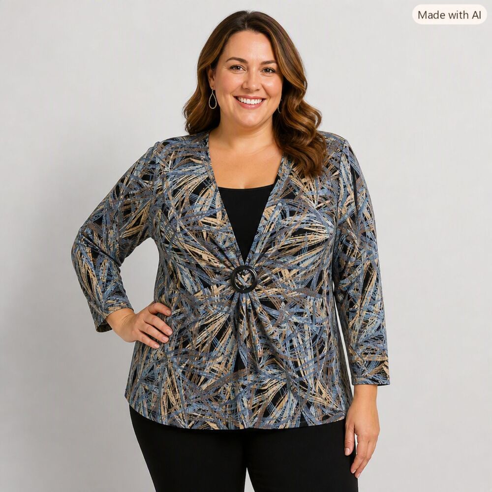 Dressbarn Blue Multiprint V‑Neck Blouse with Ring Detail Size L   EUC